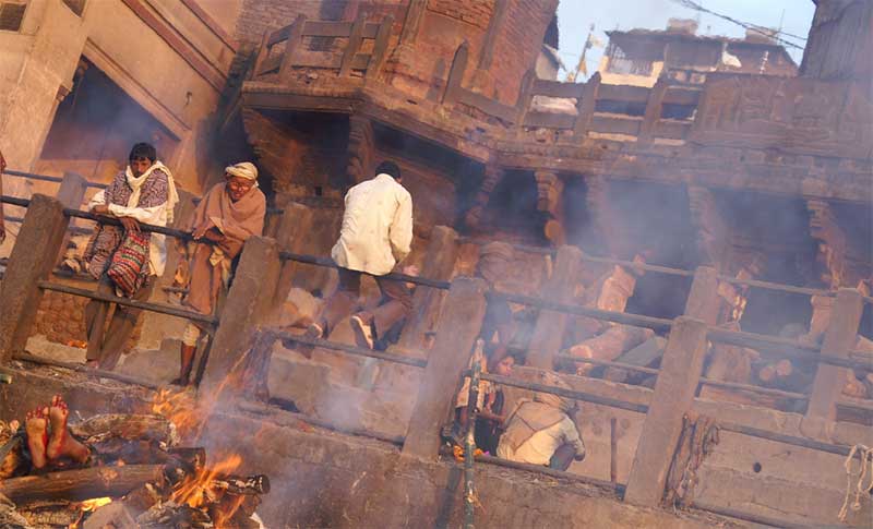 A body on fire at the Burning Ghat in Varanasi